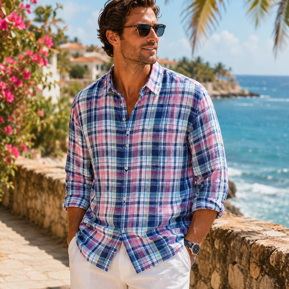 Tommy Bahama SZ L 100% Linen Romario Plaid Shirt Bering Blue $118